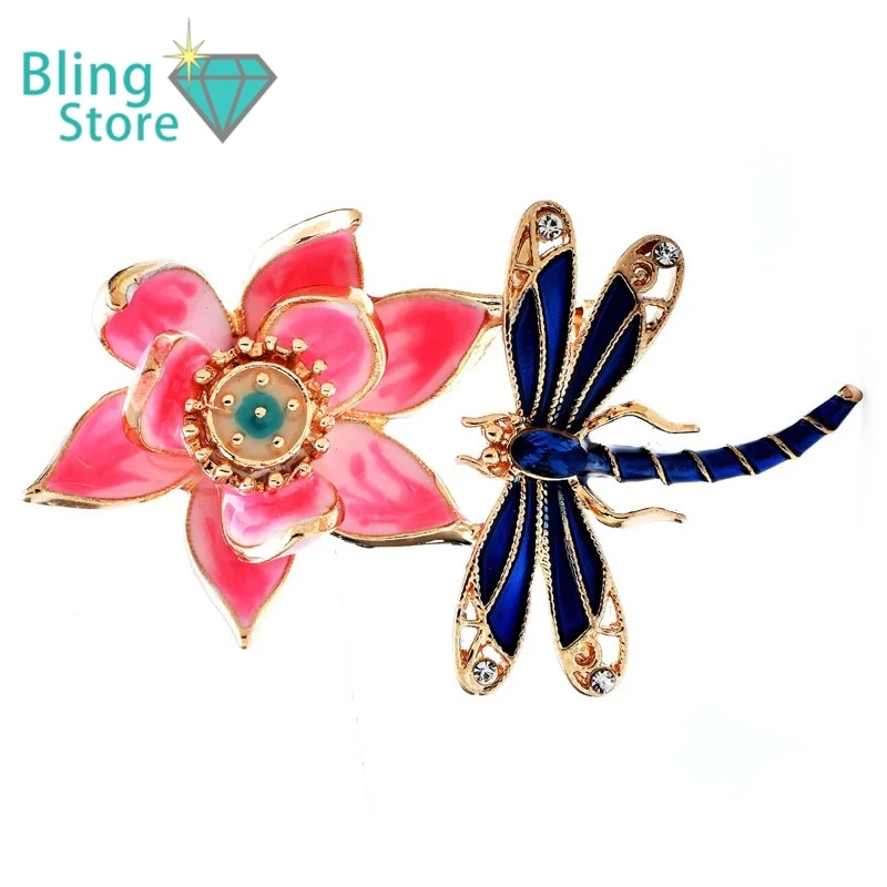 Broche Bloem met Libelle – Elegante Emaille Bloemenspeld voor Dames