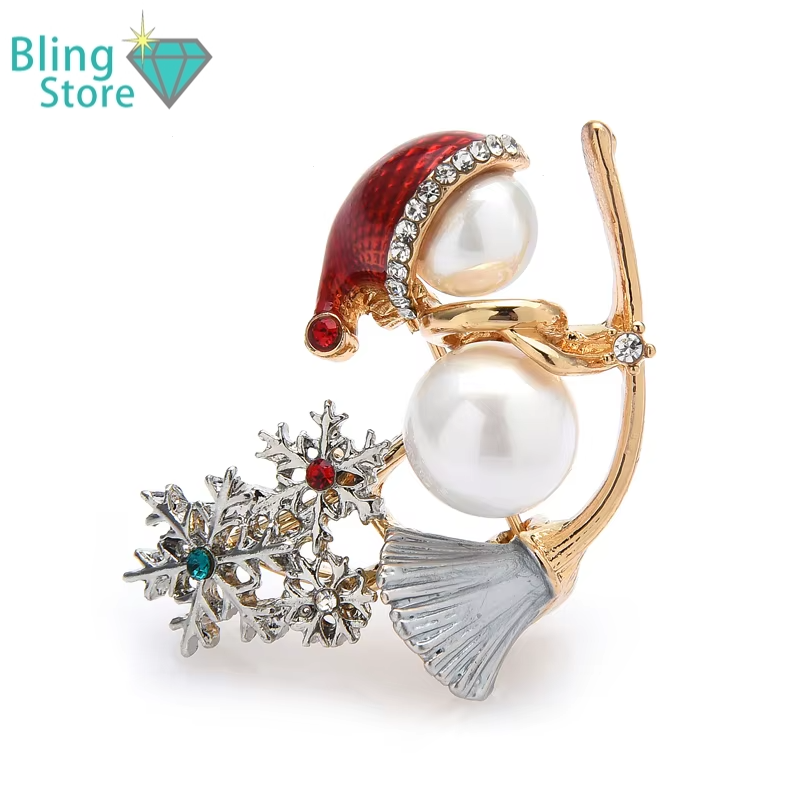 Kerst broche sneeuwpop met stras en parel detail – feestelijke speld