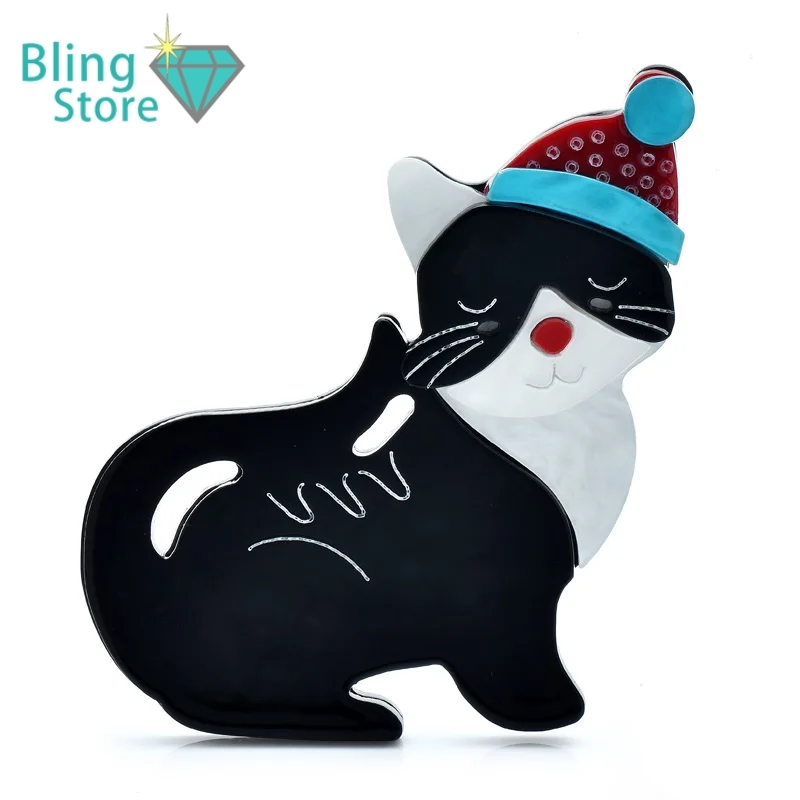 Kerst Broche Schattige Zwarte Kat met Kerstmuts