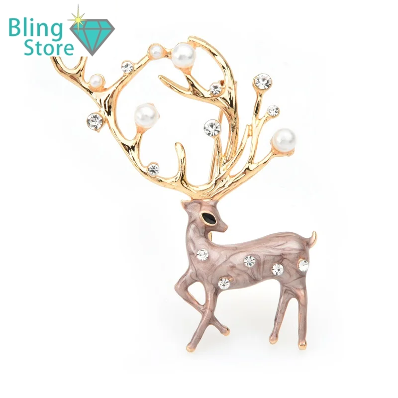 Kerst Broche rendier rood bruin met parel en emaille details