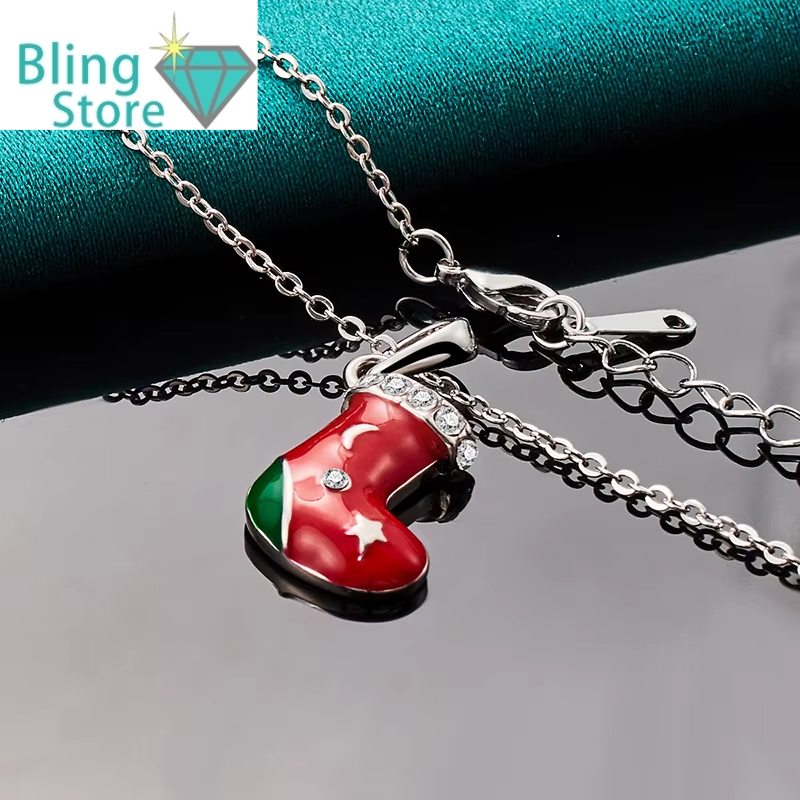 Kerst ketting met rode schoen hanger van 925 zilver en sprankelende zirkonia