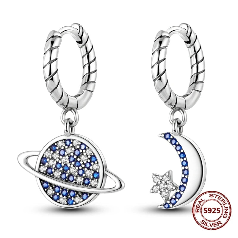 Oorbellen met Donkerblauwe Ster en Maan van 925 Zilver met Zirkonia