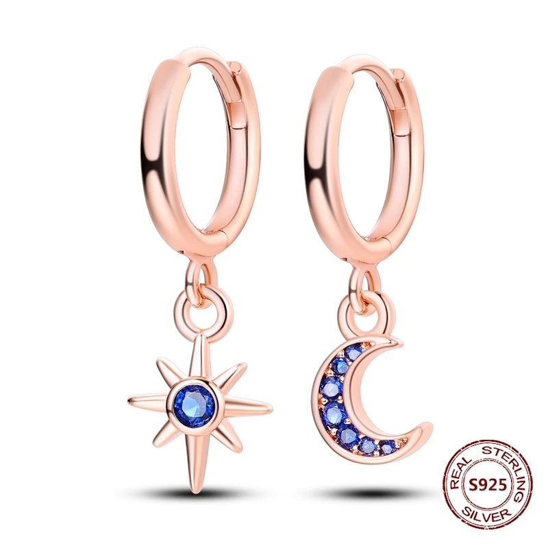 Oorbellen Rose Goud Maan en Ster Hoops met Hartjes Hangers