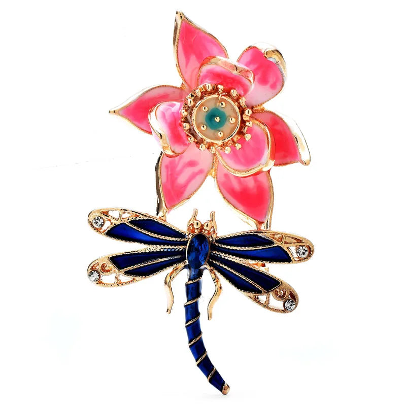 Broche Bloem met Libelle – Elegante Emaille Bloemenspeld voor Dames