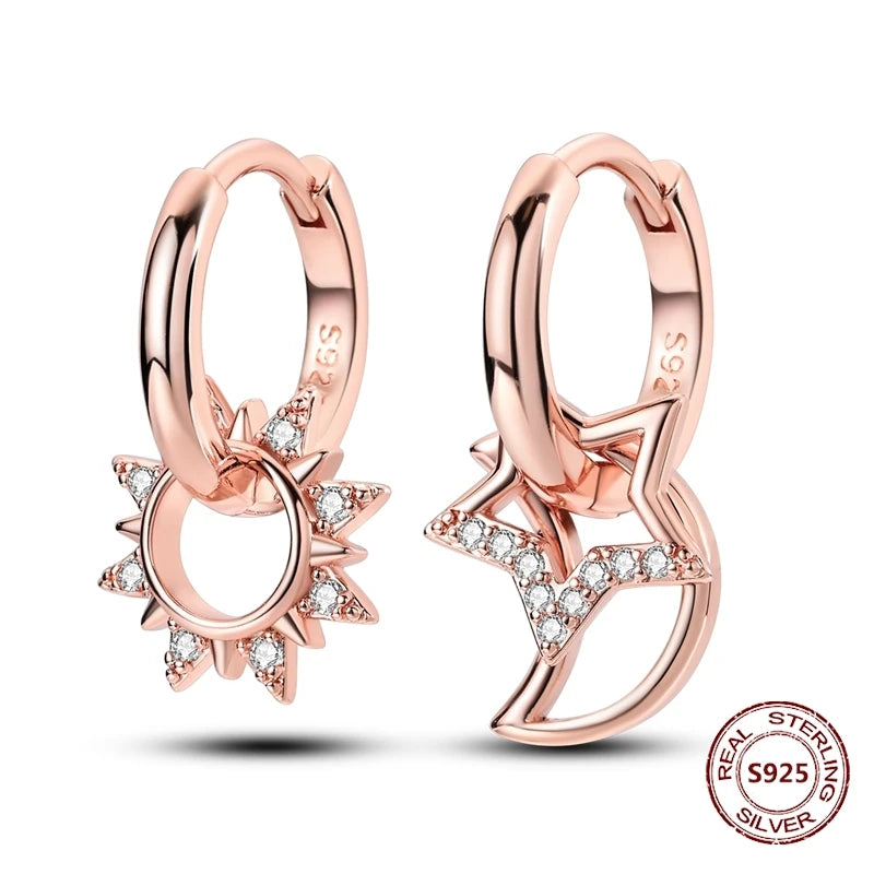 Oorbellen Rose Goud Maan en Ster Hoops met Hartjes Hangers
