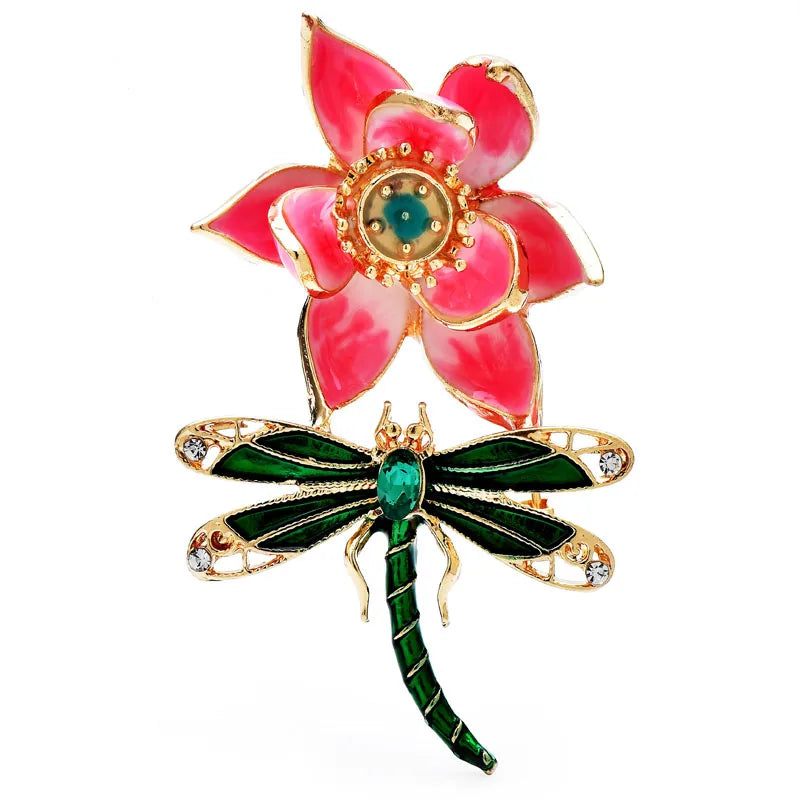 Broche Bloem met Libelle – Elegante Emaille Bloemenspeld voor Dames