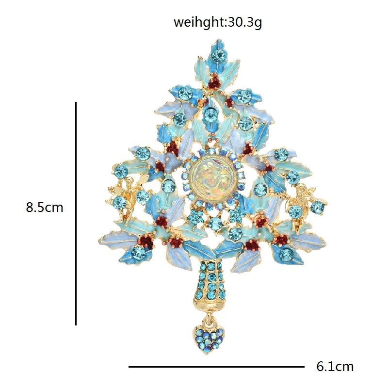 Kerst broche blauwe kerstboom met strass voor dames – feestelijke speld