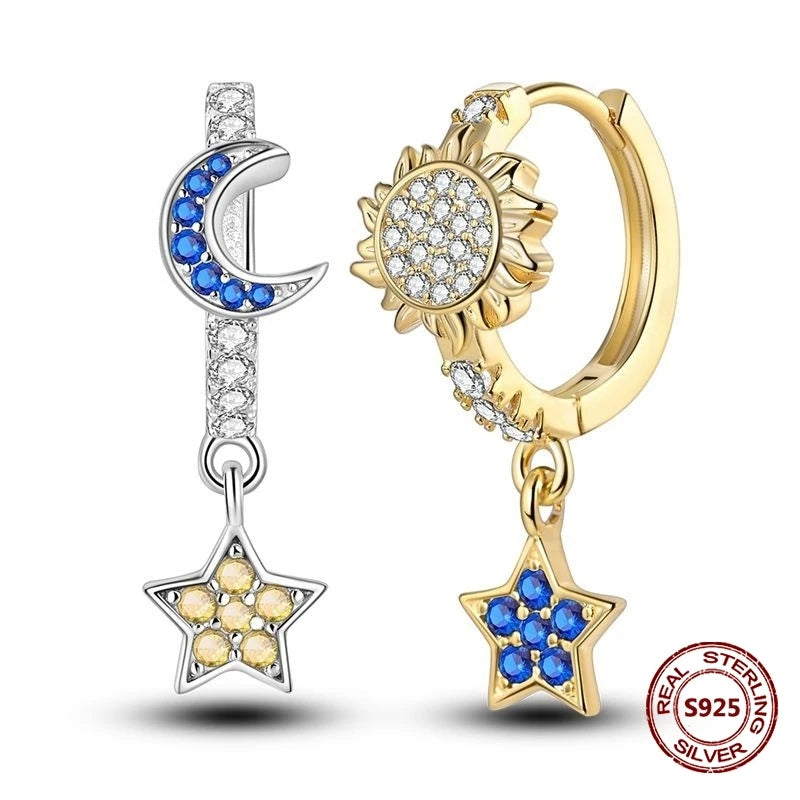 Oorbellen met Donkerblauwe Ster en Maan van 925 Zilver met Zirkonia