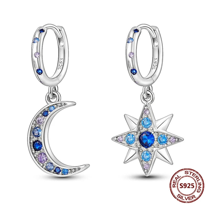 Oorbellen met Donkerblauwe Ster en Maan van 925 Zilver met Zirkonia
