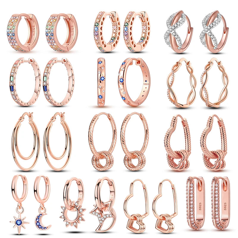 Oorbellen Rose Goud Maan en Ster Hoops met Hartjes Hangers
