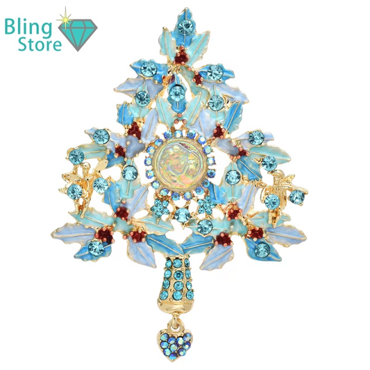Kerst broche blauwe kerstboom met strass voor dames – feestelijke speld