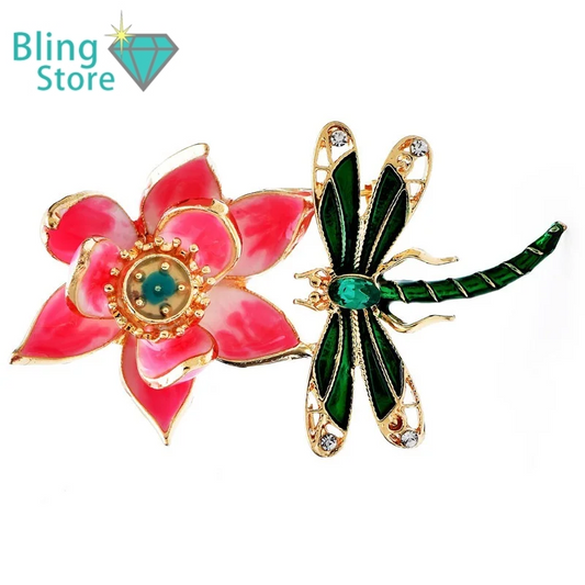Broche Bloem met Libelle – Elegante Emaille Bloemenspeld voor Dames