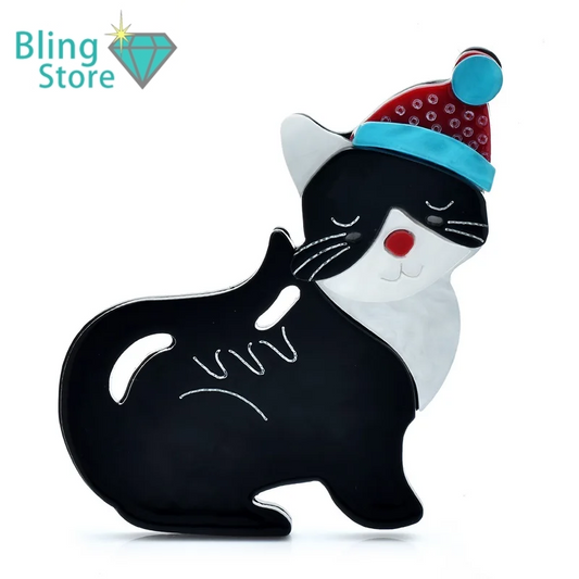 Kerst Broche Schattige Zwarte Kat met Kerstmuts