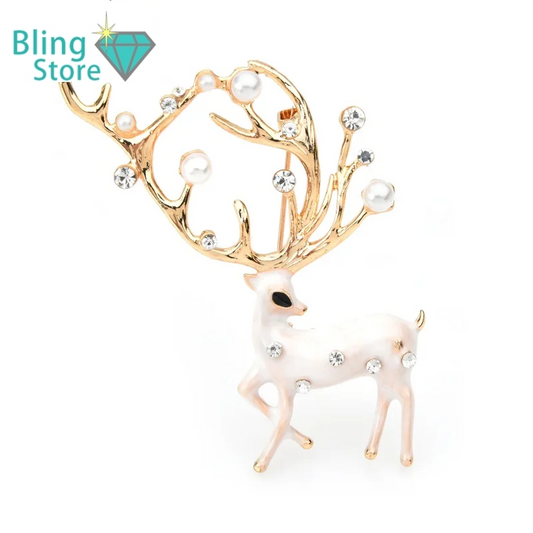Kerst Broche rendier rood bruin met parel en emaille details