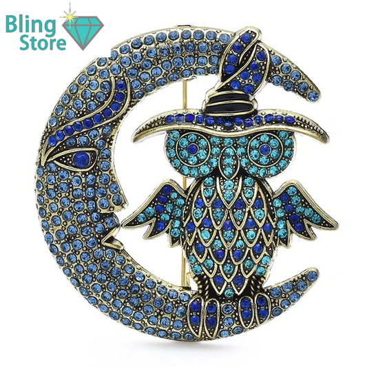 Broche dieren | Uil op maan – luxe vintage look met strass