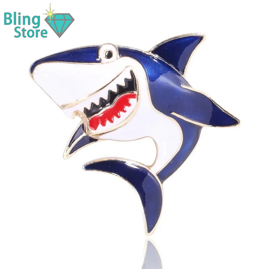 Broche dieren | Metalen haai broche in blauw en grijs – uniek zeeleven accessoire