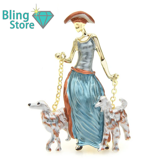 Broche dieren – Dame met twee honden in emaille