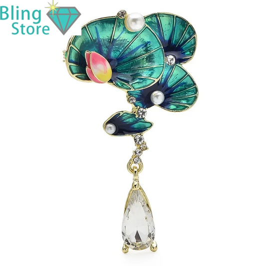 Broche Bloem Waterdruppel met Emaille Bloemblaadjes – Elegante Dames Broche