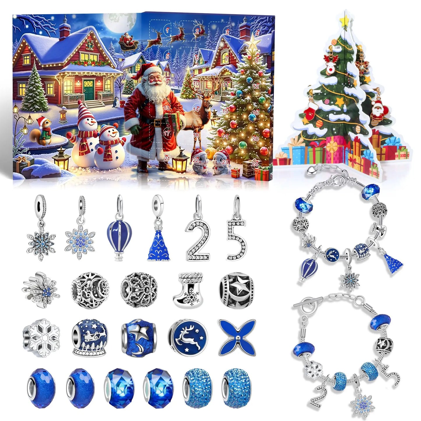 Advent kalender bedelarmbanden blauw met 24 verrassingen – kerstcadeau box