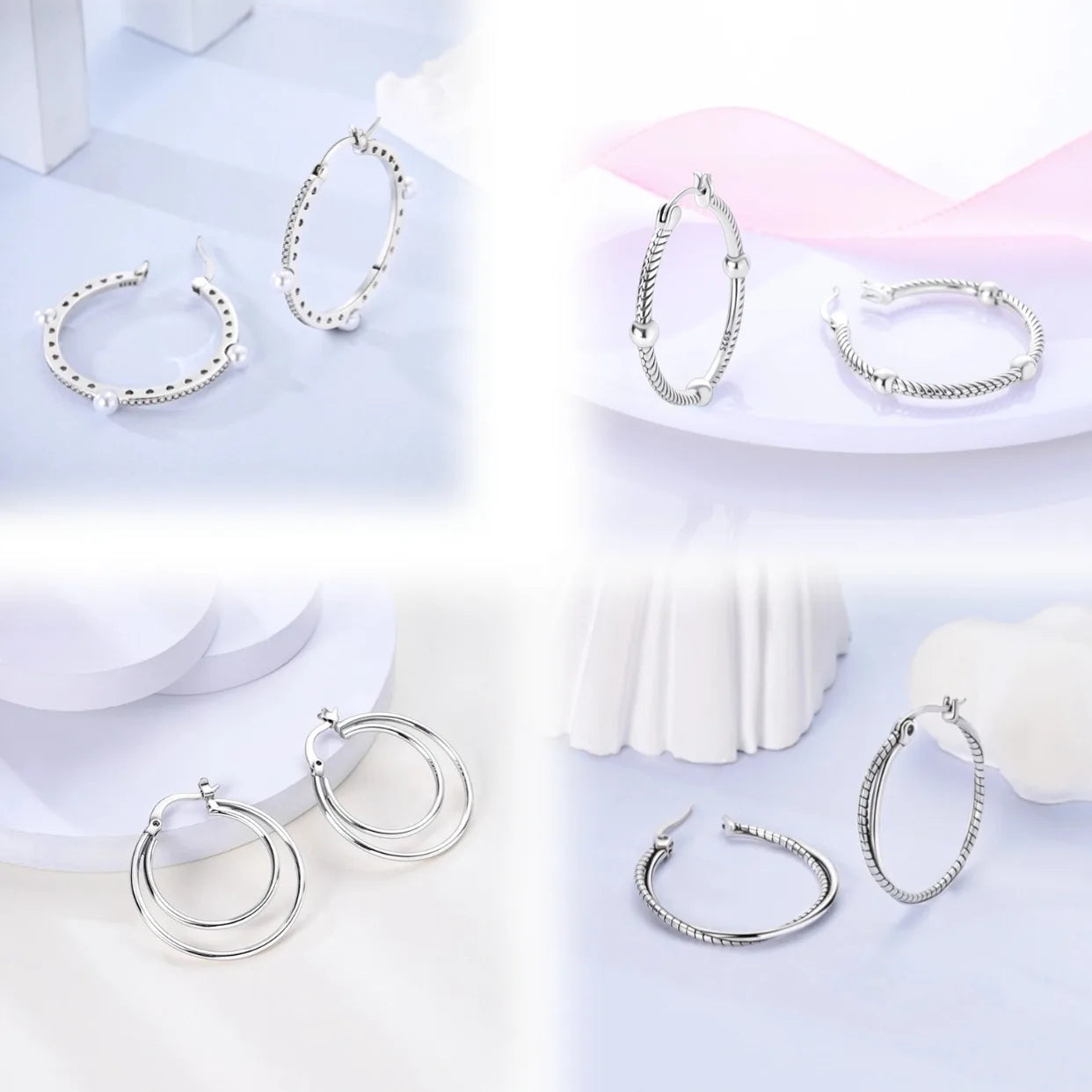 Zilveren oorbellen grote ronde hoops met zirkonia en vloeiend design