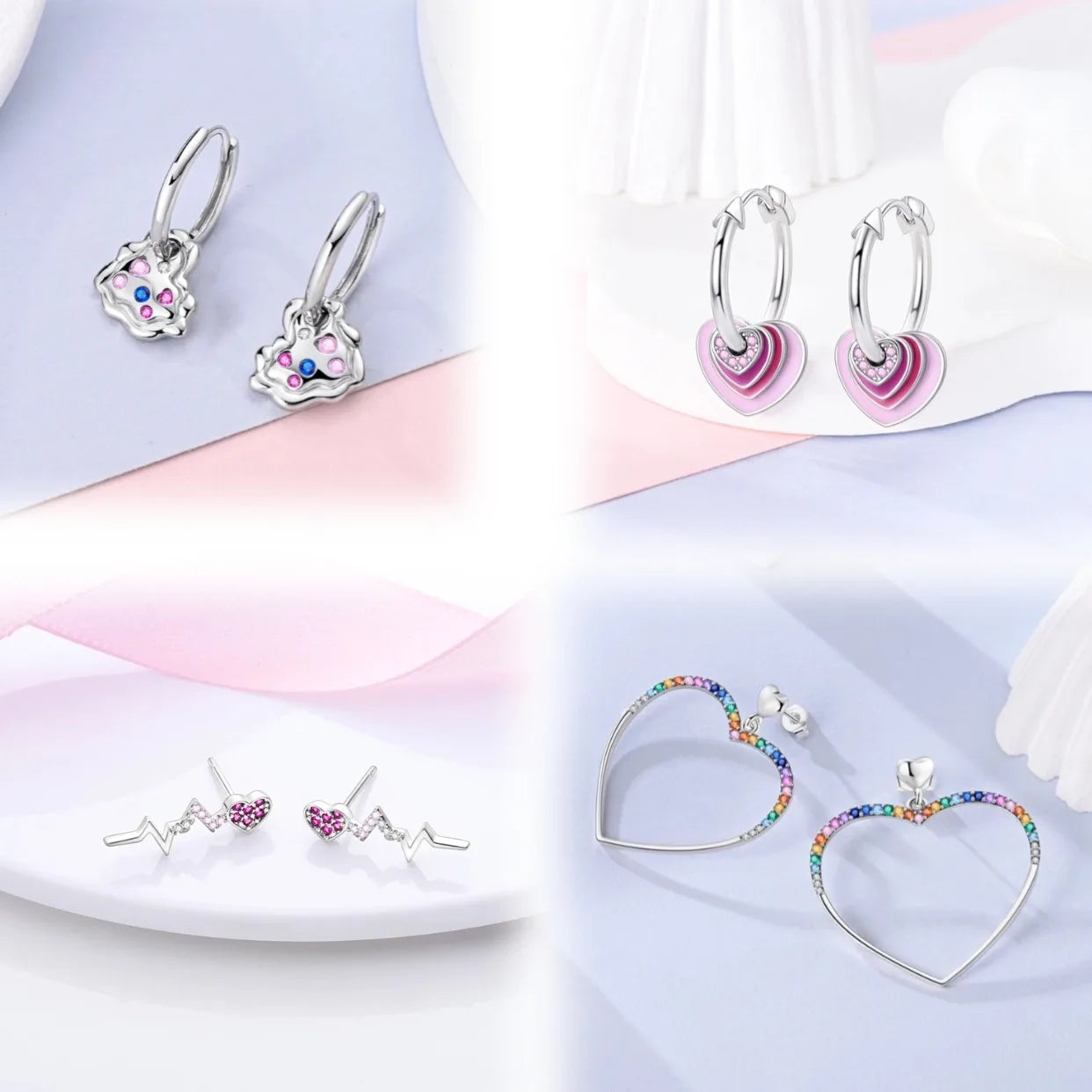 Oorbellen Hartvormig Zilver met Zirkoon en Roze Accenten