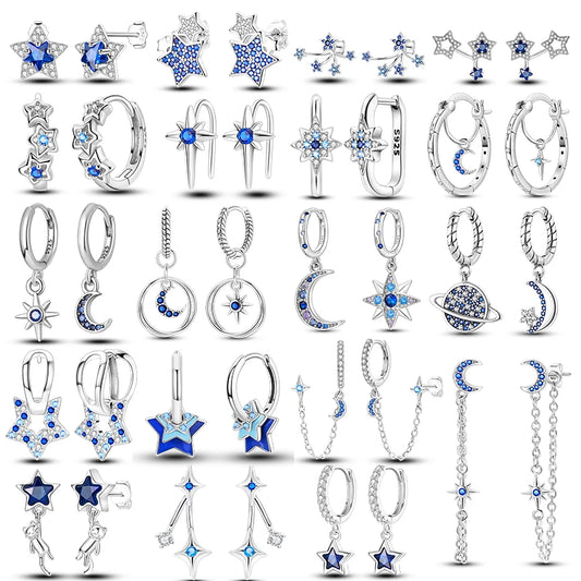 Oorbellen met Donkerblauwe Ster en Maan van 925 Zilver met Zirkonia