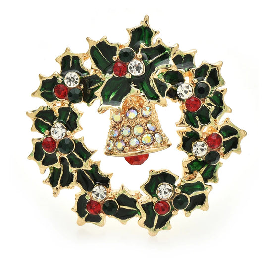 Broche Kerst | Feestelijke Krans met Klokje en Strass Steentjes