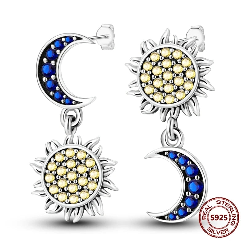 Oorbellen met Donkerblauwe Ster en Maan van 925 Zilver met Zirkonia
