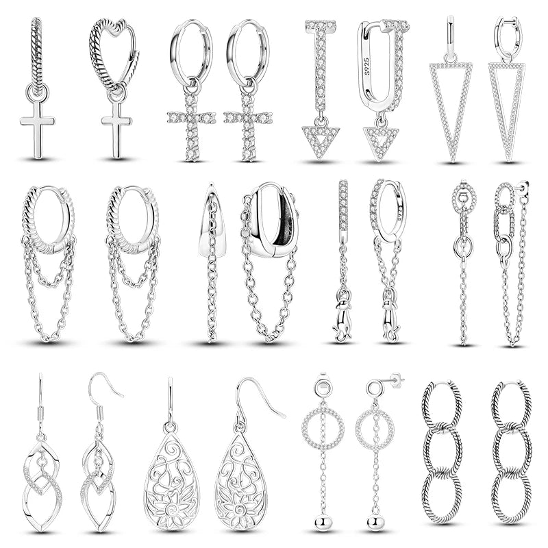 Zilveren oorbellen met lange ketting en geometrisch kruis design