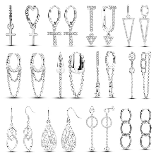 Zilveren oorbellen met lange ketting en geometrisch kruis design