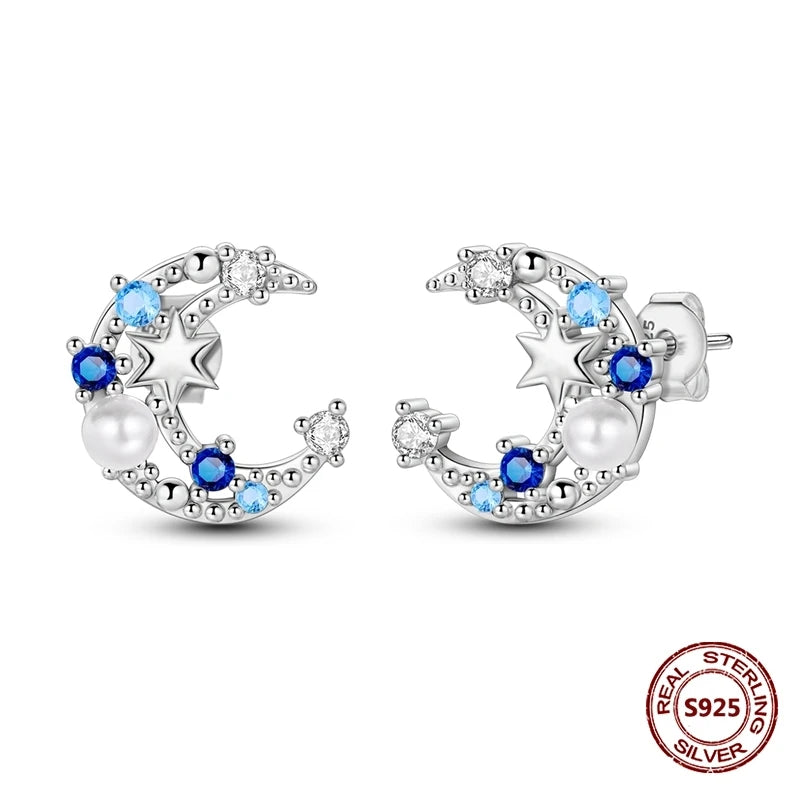 Oorbellen met Donkerblauwe Ster en Maan van 925 Zilver met Zirkonia