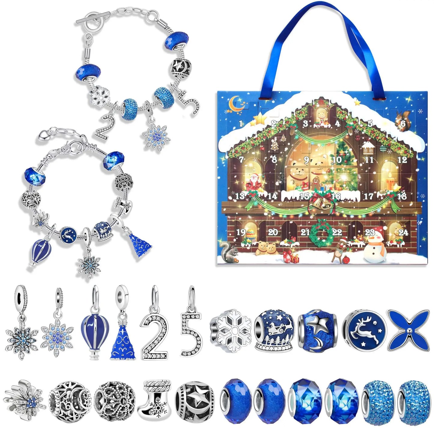 Advent kalender bedelarmbanden blauw met 24 verrassingen – kerstcadeau box