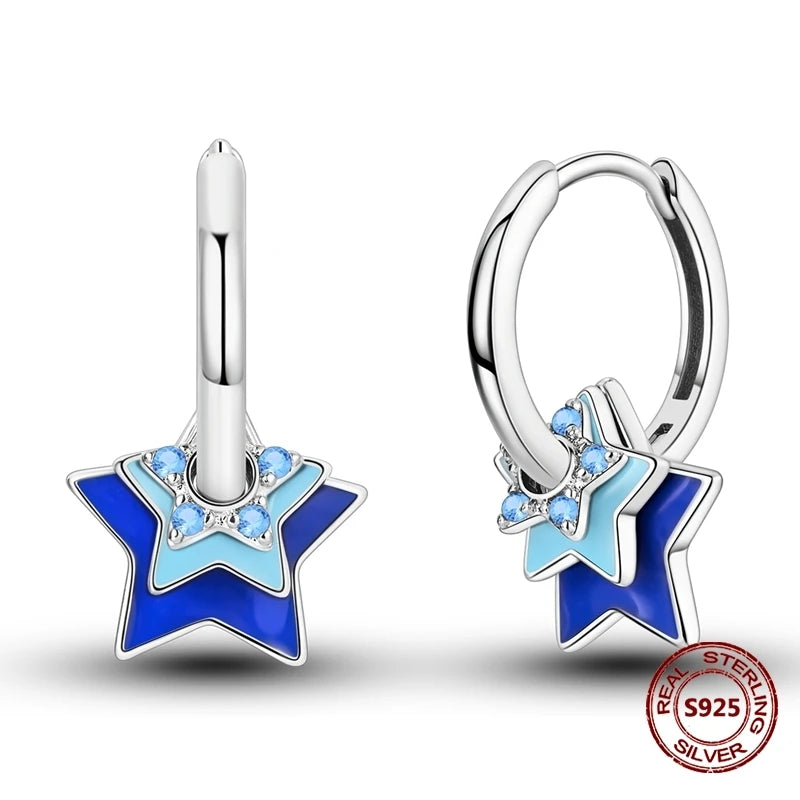 Oorbellen met Donkerblauwe Ster en Maan van 925 Zilver met Zirkonia