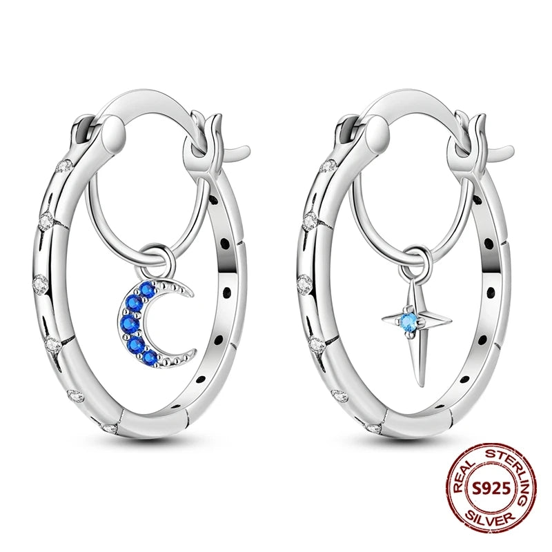 Oorbellen met Donkerblauwe Ster en Maan van 925 Zilver met Zirkonia