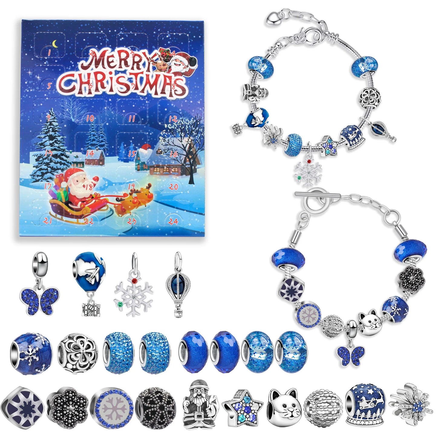 Advent kalender bedelarmbanden blauw met 24 verrassingen – kerstcadeau box