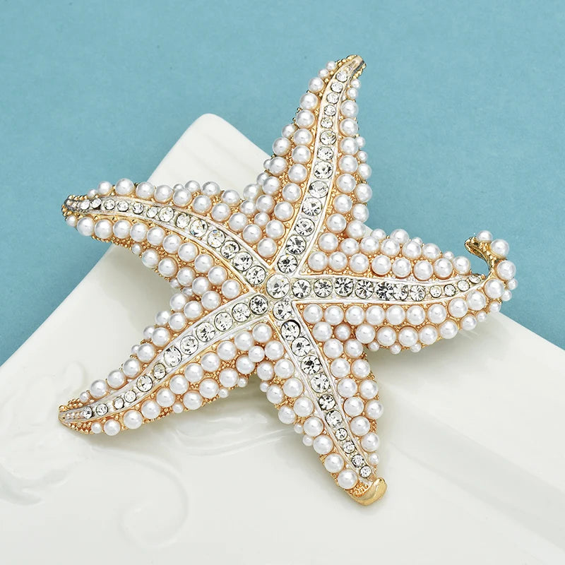 Broche Zeester met Parel en Strass – Elegante Dames en Unisex Speld