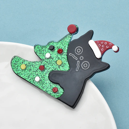 Kerst Broche Kat met Kerstmuts en Boom – Feestelijke Dierenbroche