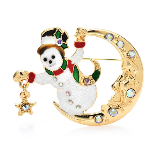 Broche Kerst | Romantische Sneeuwpop met Ster en Maan – Feestelijke Speld