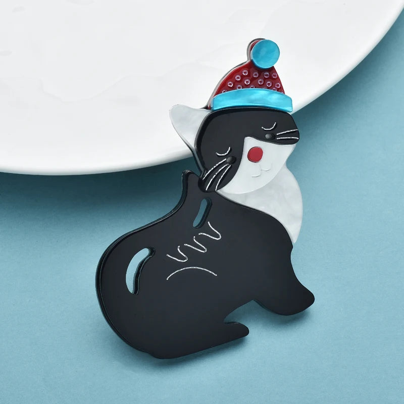 Kerst Broche Schattige Zwarte Kat met Kerstmuts