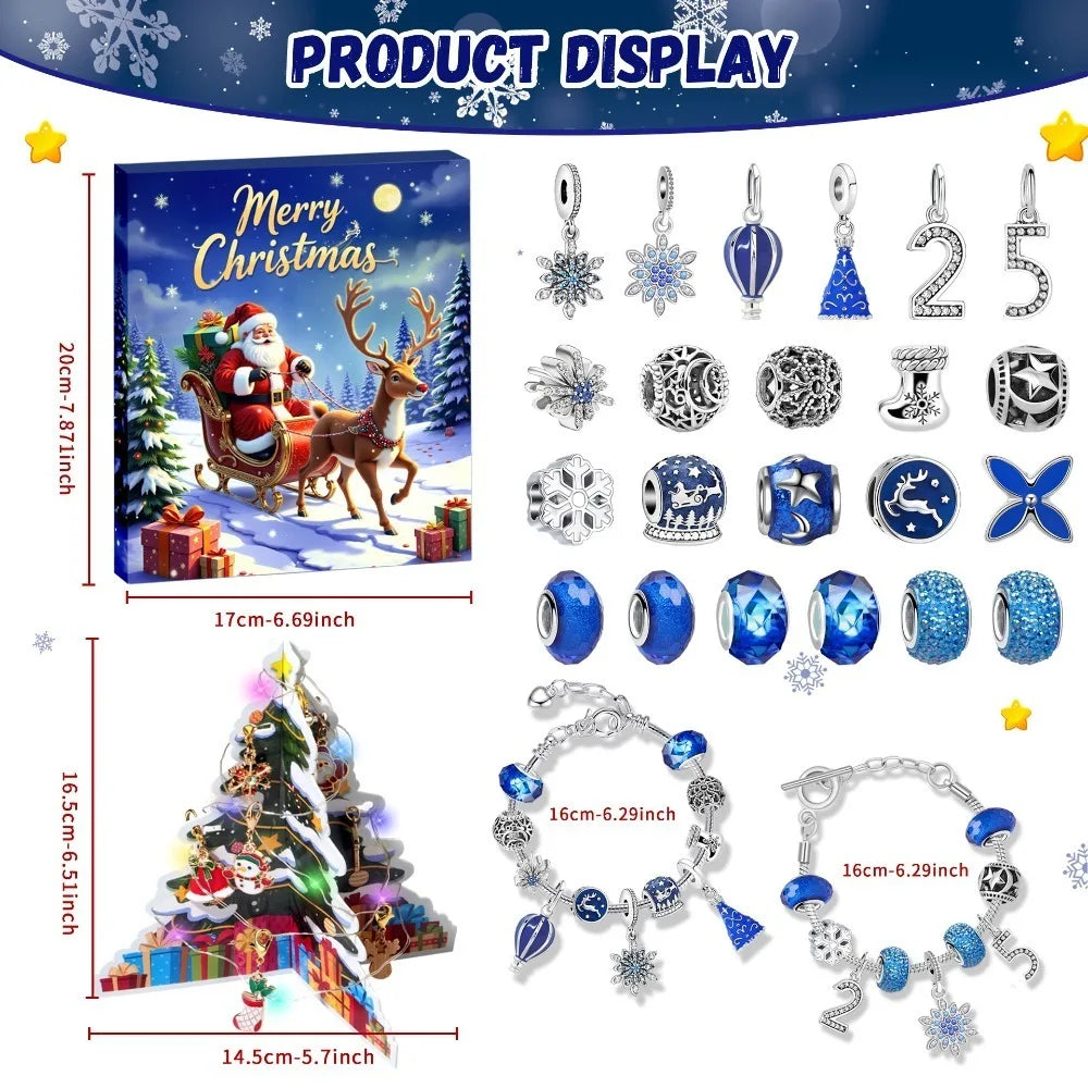 Advent kalender bedelarmbanden blauw met 24 verrassingen – kerstcadeau box