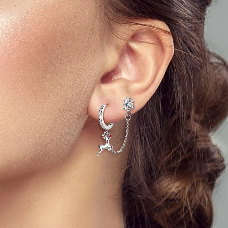 Kerst oorbellen rendier met sneeuwvlok van 925 sterling zilver en zirconia