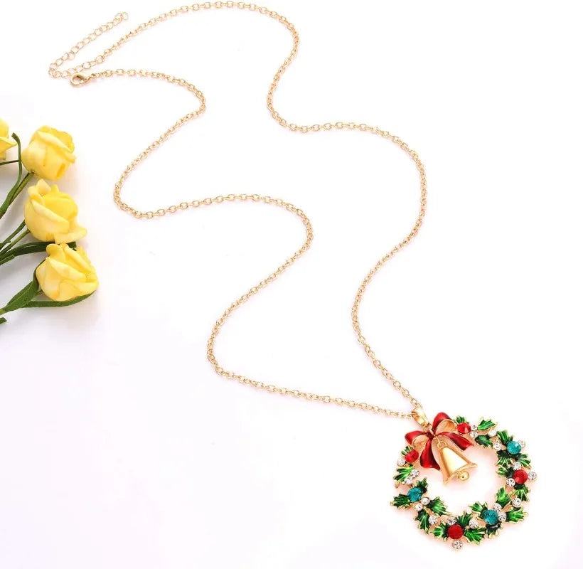 Kerst ketting met fonkelende strassteen krans en belhanger – feestelijke dames sieraden
