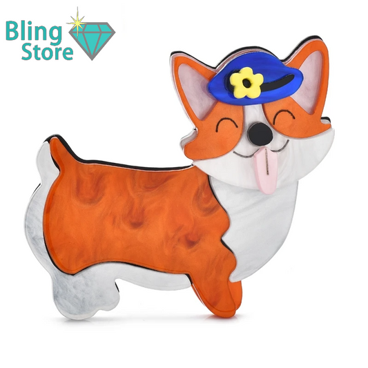 Broche Acryl Corgi Hond met Bloemenhoed – Schattige Dierenpin