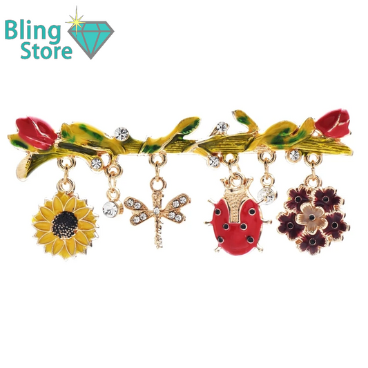 Broche met Insecten en Bloemen – Franse Stijl Emaille Speld voor Dames