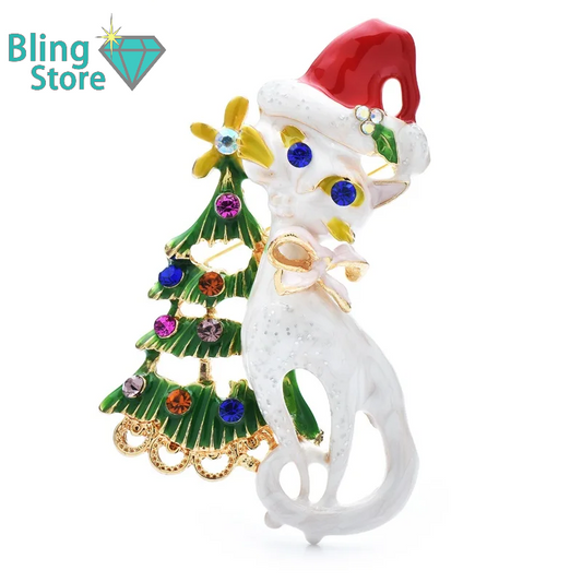 Broche Kerst | Schattige Kat met Kerstboom en Muts – Dames Broche